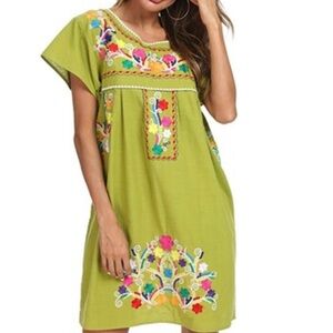 YZXDORWJ Mexican Boho Peasant Dress XL Green Embroidered Fiesta Festival Party